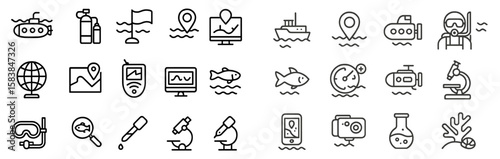 Icons representing underwater exploration, marine science, and oceanic activities