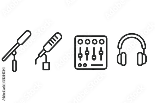 Sound recording equipment including microphones, audio mixer, and headphones for music production in a studio environment