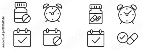 Medication management icons illustrating reminders and schedules for medication intake in a health theme