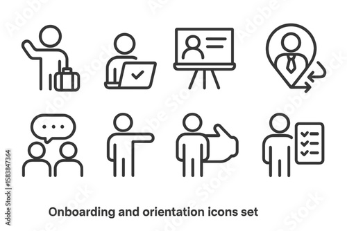 Collection of onboarding and orientation icons featuring various business activities and interactions displayed clearly