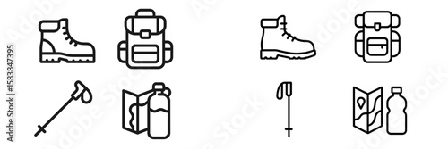 Hiking gear essentials featuring boots, backpacks, water bottles, and trekking poles suitable for outdoor adventures