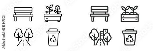 Urban park elements featuring benches, planters with flowers, trees, recycling bins, and pathways to promote green spaces