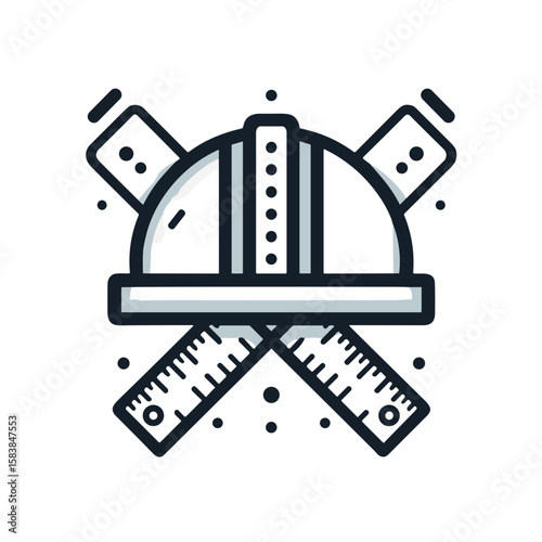 Construction helmet and rulers icon in flat vector style, black and white, engineering and architecture concept