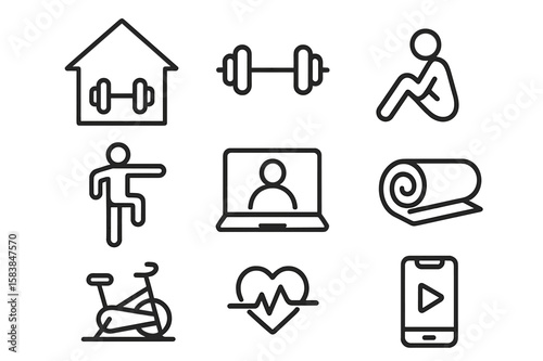 Home workout essentials including weights, yoga mat, and online classes for fitness enthusiasts