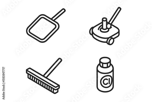 Cleaning tools arranged in a layout showing various equipment for maintaining cleanliness at home or in facilities