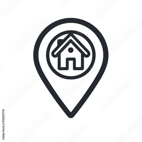 Home location pin icon in outline vector style, black and white, real estate and navigation concept