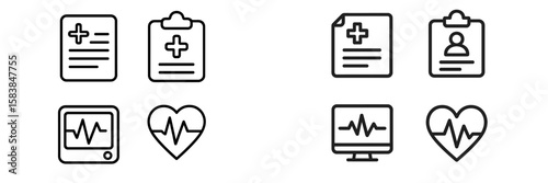 Health and medical care icons representing patient records, monitoring, and vital signs displayed on a digital interface
