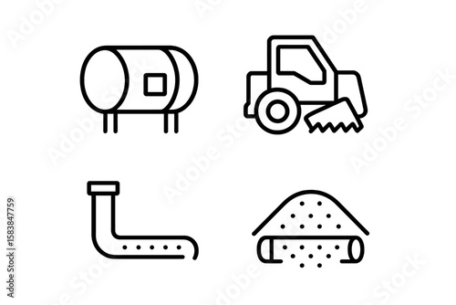 Different types of equipment and machinery used in agriculture and construction at a rural site during the early morning hours