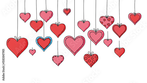 Festive hanging hearts graphic with varied designs creates a charming Valentine or romance themed decoration with a hand drawn aesthetic.