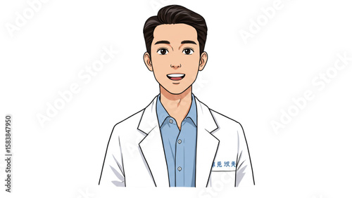 Smiling doctor avatar with white coat and blue shirt, perfect for clinic website, healthcare marketing, or medical presentation material.