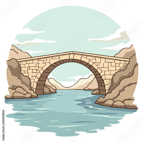 Stone arch bridge over river in cartoon vector style, natural colors, travel and landscape concept