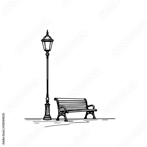 Street lamp and bench in sketch vector style, black and white, urban landscape and park concept