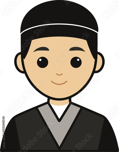 Vector Illustration of an Asian Man Customizable Design Element for Various Creative Projects,A stylized illustration of a young man wearing a kufi cap and traditional clothing