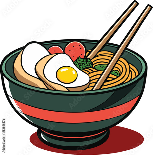 Delicious Bowl of Ramen Vector Illustration with Noodles Broth and Toppings for Asian Cuisine Designs