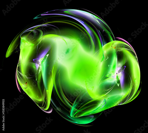 Abstract green shiny spot formed by air swirls on a black background. Copy space. 3D rendering. 3D illustration.