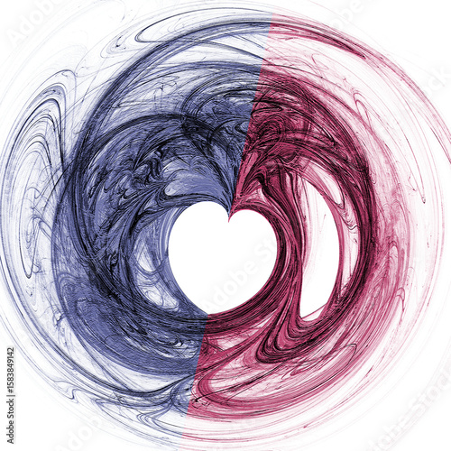 Abstract fractal background with a heart-shaped frame formed by blue and red swirls on a white background. 3D rendering. 3D illustration.
