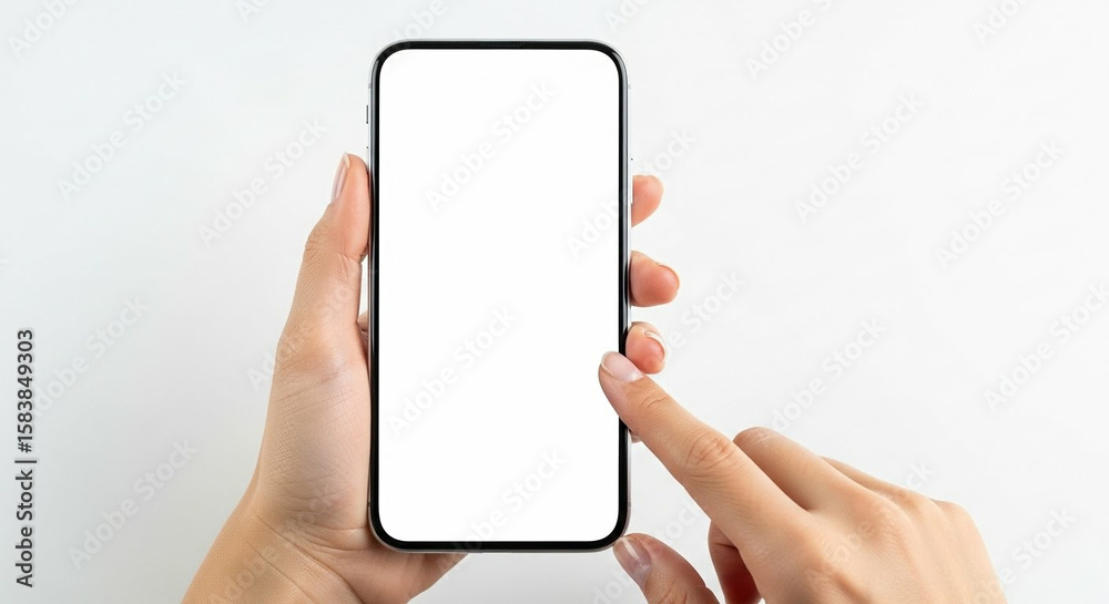 Close up of a person s hands holding and touching a modern smartphone with a blank white screen Close up of a person s hands holding and touching a modern smartphone with a blank white screen