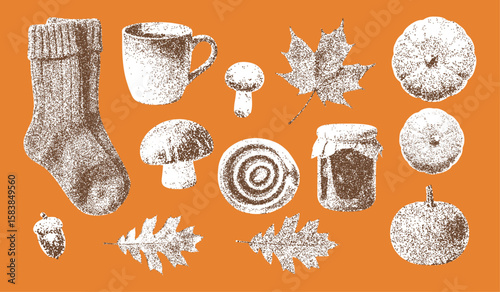 fall elements collection, autumn retro halftone effect set, pumpkin, maple leaf, oak leaf, mushroom, pair of socks, cup of coffee