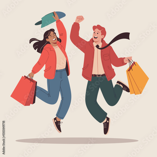 Young man and woman celebrating with shopping bags, concept of Black Friday  