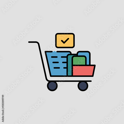 Shopping cart filled with items and checkmark for Black Friday  