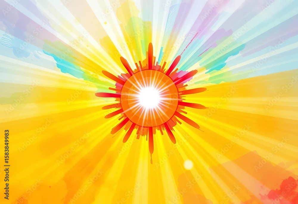 Obraz premium Vibrant watercolor sunburst, radiating light and color, explosion, watercolor texture