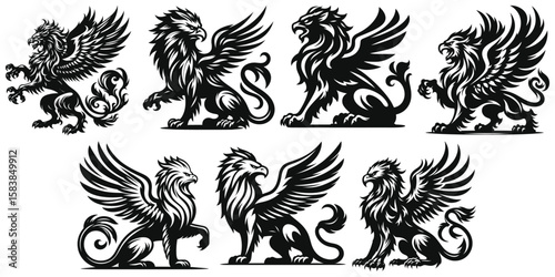 Black Griffin Silhouettes Vector Illustration Mythical Creatures Design