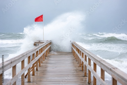 Big ocean waves crashing on wooden pier with red flag during storm