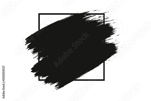 Black paint brush stroke over square frame. Abstract vector background with grunge texture. Dirty ink splash, artistic banner design element. Modern graphic illustration.