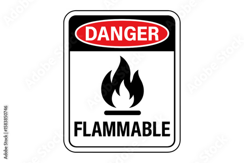Danger Flammable sign. Warning symbol for safety and hazard communication. Fire icon for combustible materials and liquids. Caution sticker label. Vector illustration isolated.