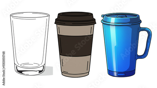 Attractive drawing showcasing a variety of beverages, including glass, disposable cup and blue thermo, ideal for cafe or restaurant promotions.