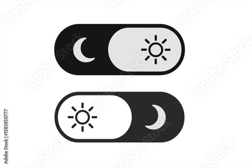 Dark and Light Mode Toggle Switch Vector. Black and White Day Night Sun Moon Icons for App, User Interface, UX, Website Design. Minimalist Transparent PNG Buttons. Modern UI Theme Switcher Concept.