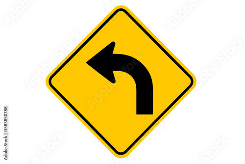 Dangerous right turn road sign, yellow diamond-shaped traffic warning sign, caution sharp bend ahead, traffic safety symbol, vector illustration with transparent background
