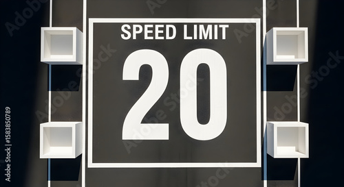 Stylish presentation of a Speed Limit 20 sign combined with cube shelves design