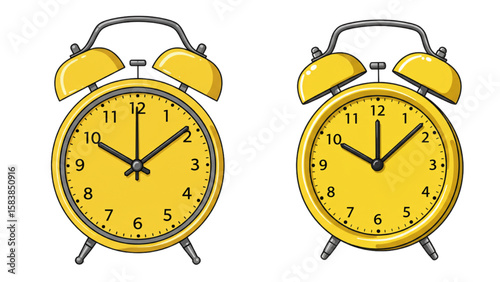 Two yellow alarm clocks are showing different times, perfect for use in time management or punctuality themed projects.