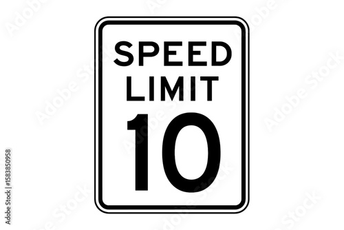 Speed limit 10 mph sign vector icon. Road safety traffic regulation symbol. Street transportation warning signpost for driving slow. Maximum ten miles per hour.
