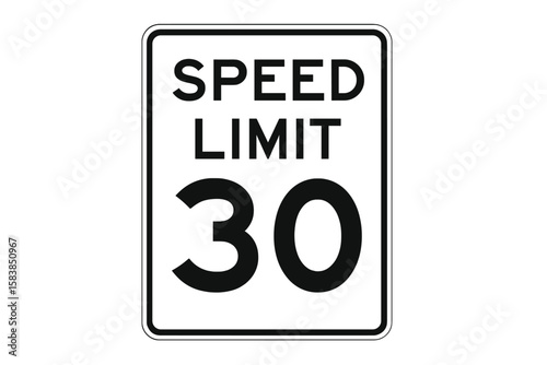 Speed limit 30 mph road sign. US traffic regulatory sign for thirty miles per hour. Highway safety and driving rule symbol. Vector illustration isolated on white background.