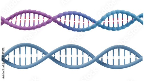 Depiction of colorful DNA molecule strands shows genetics, science, and innovative technology for health and medical research usage.