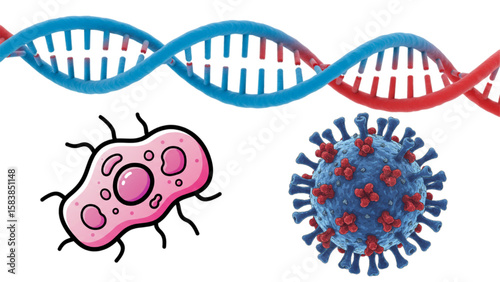 Artistic rendering showcasing DNA strand, stylized bacteria, and viral particle for scientific and educational designs.