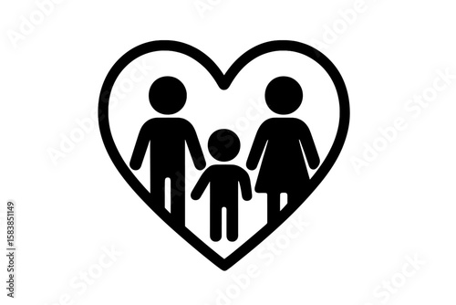 Family Love and Protection Icon. Parents and Child Silhouette in Heart Shape. Parental Care, Family Support, Unity, Safety, Togetherness, Relationship, Parenthood, Happy Home Vector Illustration