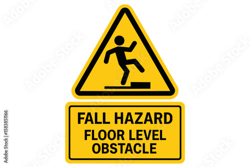 Caution Fall Hazard Warning Sign, Floor Level Obstacle Alert, Safety Symbol, Trip Risk, Industrial and Workplace Vector Illustration, Yellow Black Caution Board, Transparent PNG for Safety Posters