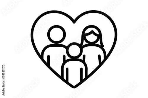 Family Love Icon – Parents and Child Silhouette in Heart Shape, Caring Family Symbol, Parental Protection, Child Safety, Happy Family Concept, Minimalist Line Art, Transparent Vector Illustration