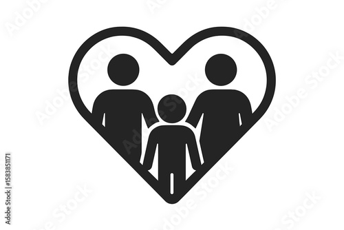 Family icon with child and parents in a heart shape. Symbol of love, care, and protection. Happy family concept. Parents and kid pictogram for community and social welfare.