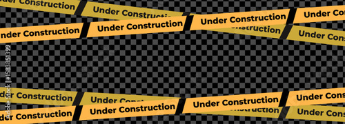Under construction yellow warning tape safety stripe. Caution barrier stripe for safety zone, blocked area, website page, road work, site maintenance, redesign progress. Vector illustration.