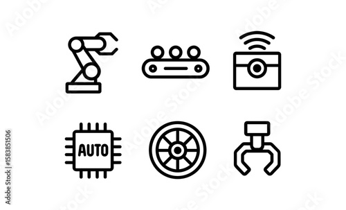 Industrial automation icons set featuring robotics, ai, and technology elements in a minimalist linear style