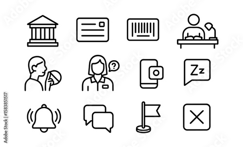 Simple line icons: bank, id card, barcode, customer, wallet, sleep, alert, chat, flag, close