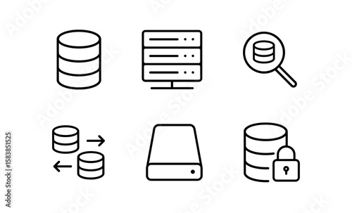 Database linear icons: security, transfer, server, data analysis, backup