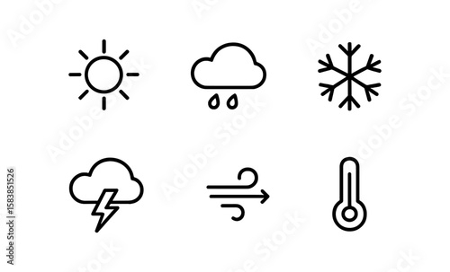 Minimalist weather icons: sun, cloud, snowflake, lightning, wind, temperature