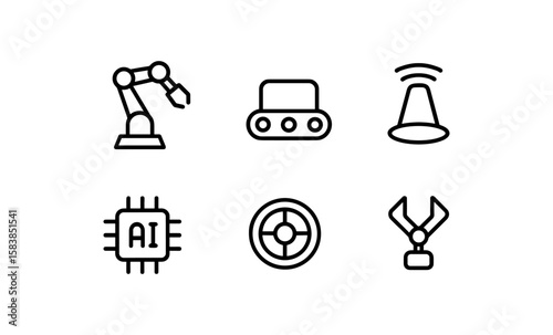 Minimalist icons of industrial automation and technology concepts