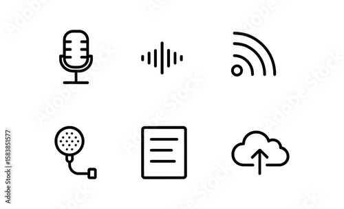 Monochrome minimalist media icons with audio and cloud upload symbols