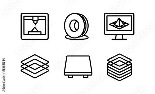 3d printer icons: flat linear symbols for printer, filament, and printing process